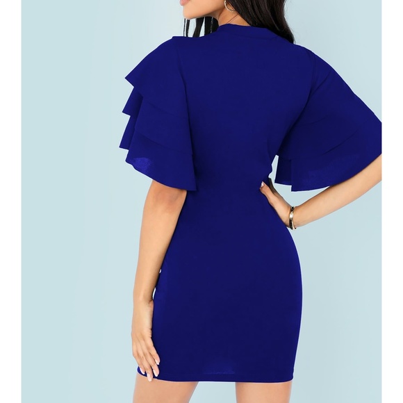 Blue Tiered Flounce Sleeve Bodycon Short Dress - Picture 2 of 6